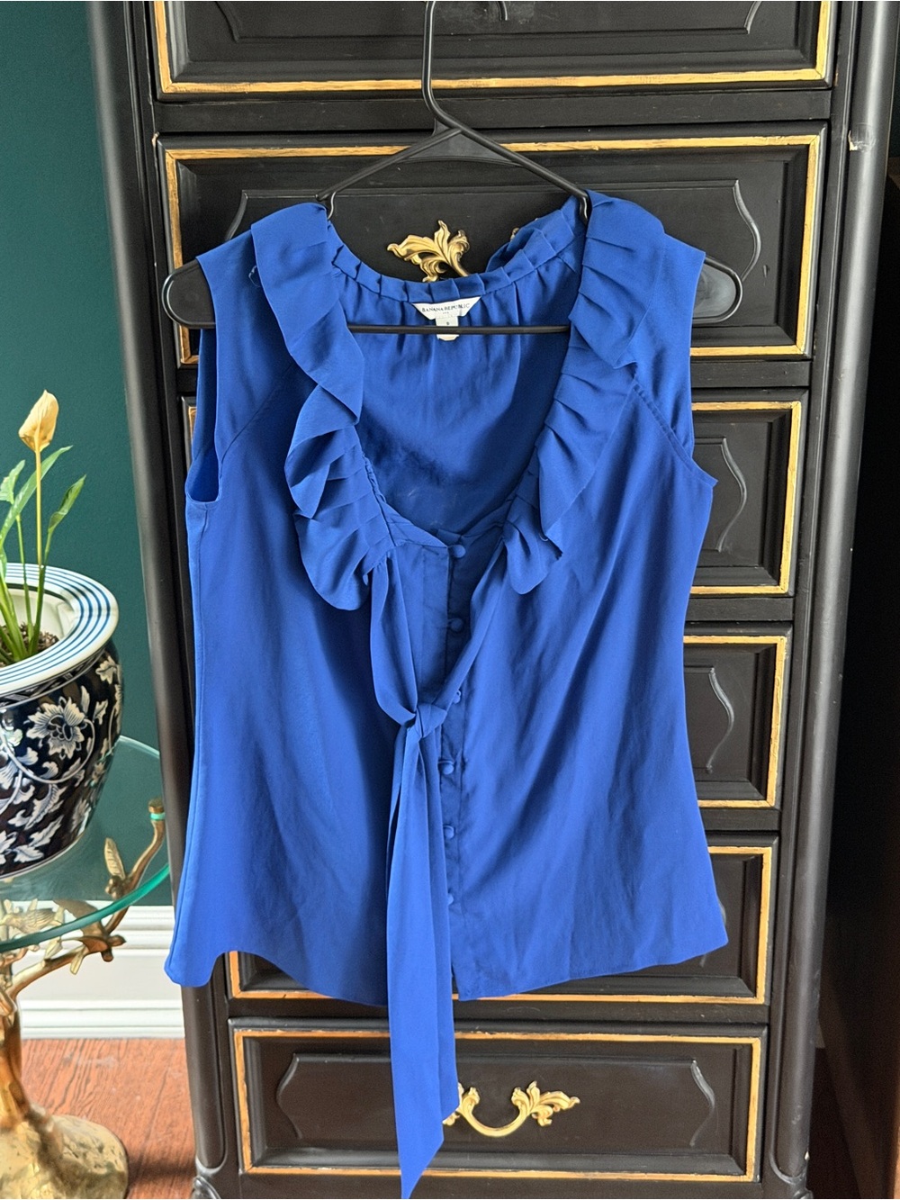 Banana Republic Royal Blue Ruffled Tie-Front Sleeveless Blouse